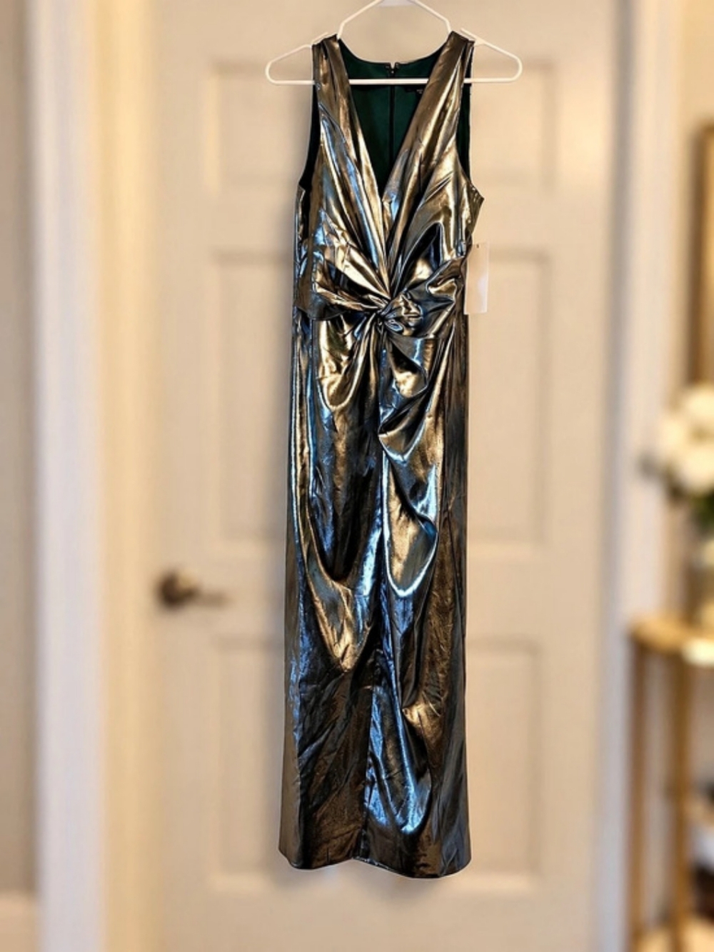 Maggy London Front Twist Silver/Green Gown  Size 12